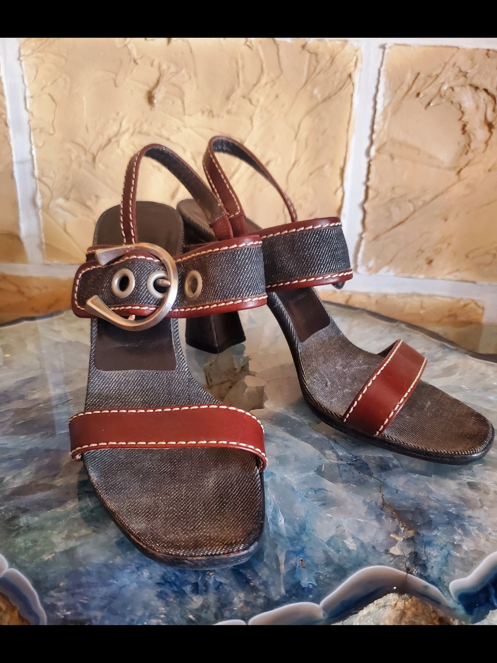 Vintage PRADA Women’s Brown Leather Accent Denim Block Heel Sandals - Picture 5 of 5